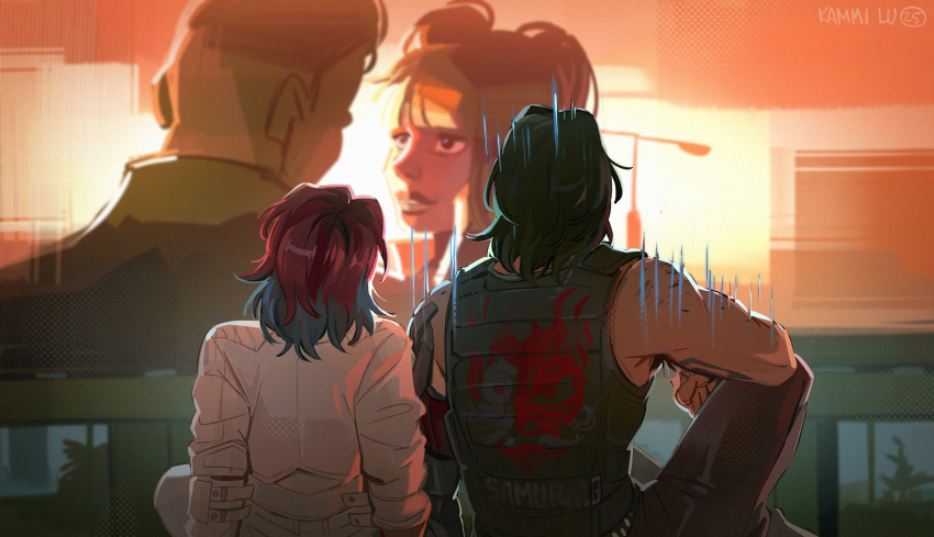 2boys, 2girls, black_hair, blue_hair, bulletproof_vest, cyberpunk_(series), cyberpunk_2077, drive-in
