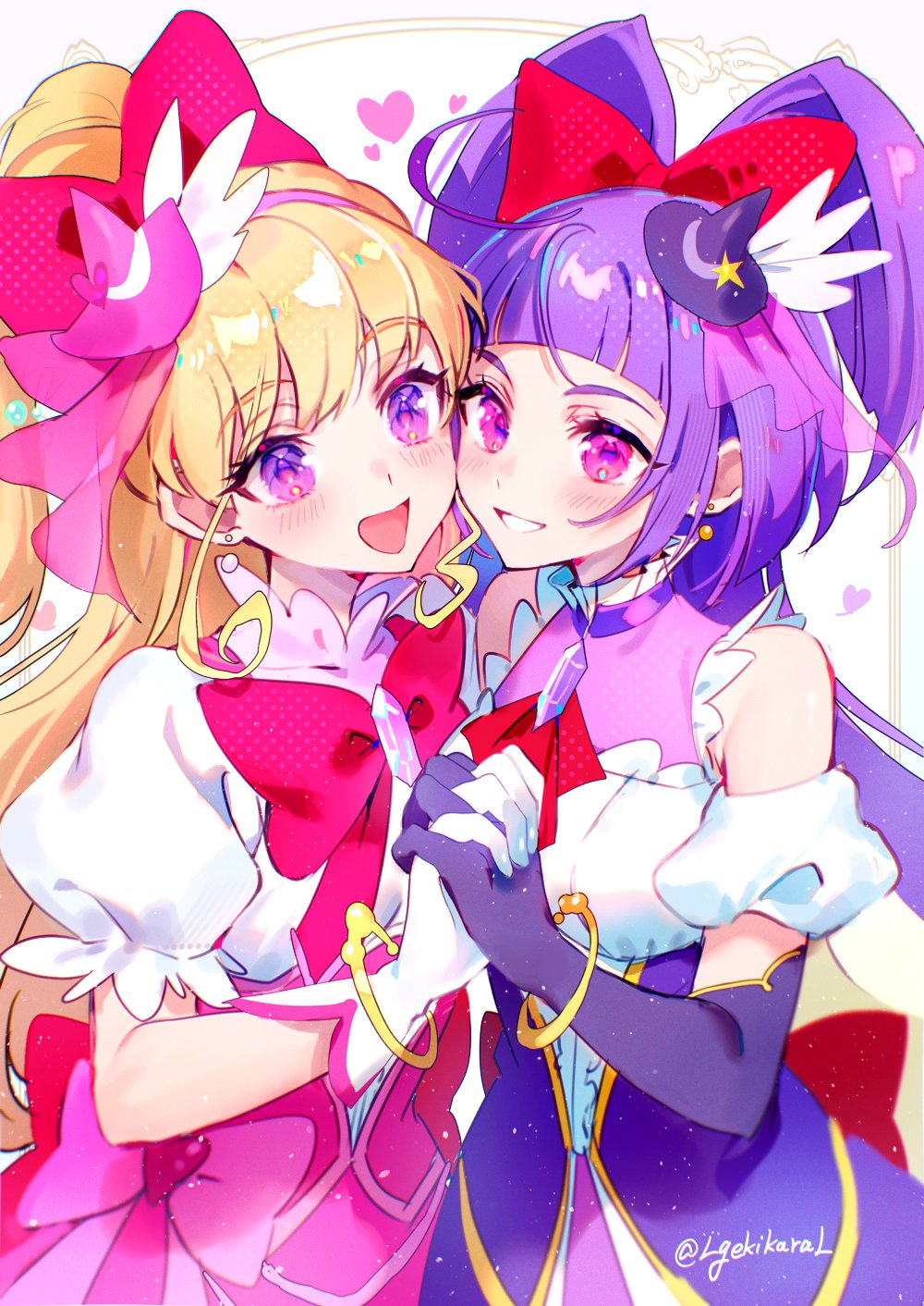 2girls, ahoge, arched_bangs, asahina_mirai, black_hat, blonde_hair, bow, bracelet, breasts, choker, commentary, cure_magical, cure_miracle, detached_sleeves, diamond_brooch, diamond_choker, dress, earrings, elbow_gloves, eyelashes, gloves, gradient_eyes, grin, hair_bow, hairband, hat, high_ponytail, highres, holding_hands, izayoi_liko, jewelry, long_hair, looking_at_viewer, magical_girl, mahou_girls_precure!, mini_hat, multicolored_eyes, multiple_girls, open_mouth, pink_bow, pink_dress, pink_eyes, pink_hairband, pink_hat, precure, puffy_short_sleeves, puffy_sleeves, purple_choker, purple_dress, purple_gloves, purple_hair, red_bow, short_sleeves, sidelocks, simple_background, small_breasts, smile, standing, straight_hair, ta_wan_(lgekikaral), teeth, turtleneck, turtleneck_dress, twitter_username, two_side_up, upper_body, violet_eyes, white_background, white_gloves, witch_hat