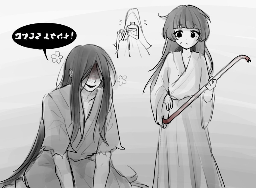 1boy, 2girls, blood, blood_on_face, chinese_commentary, commentary_request, crowbar, grey_background