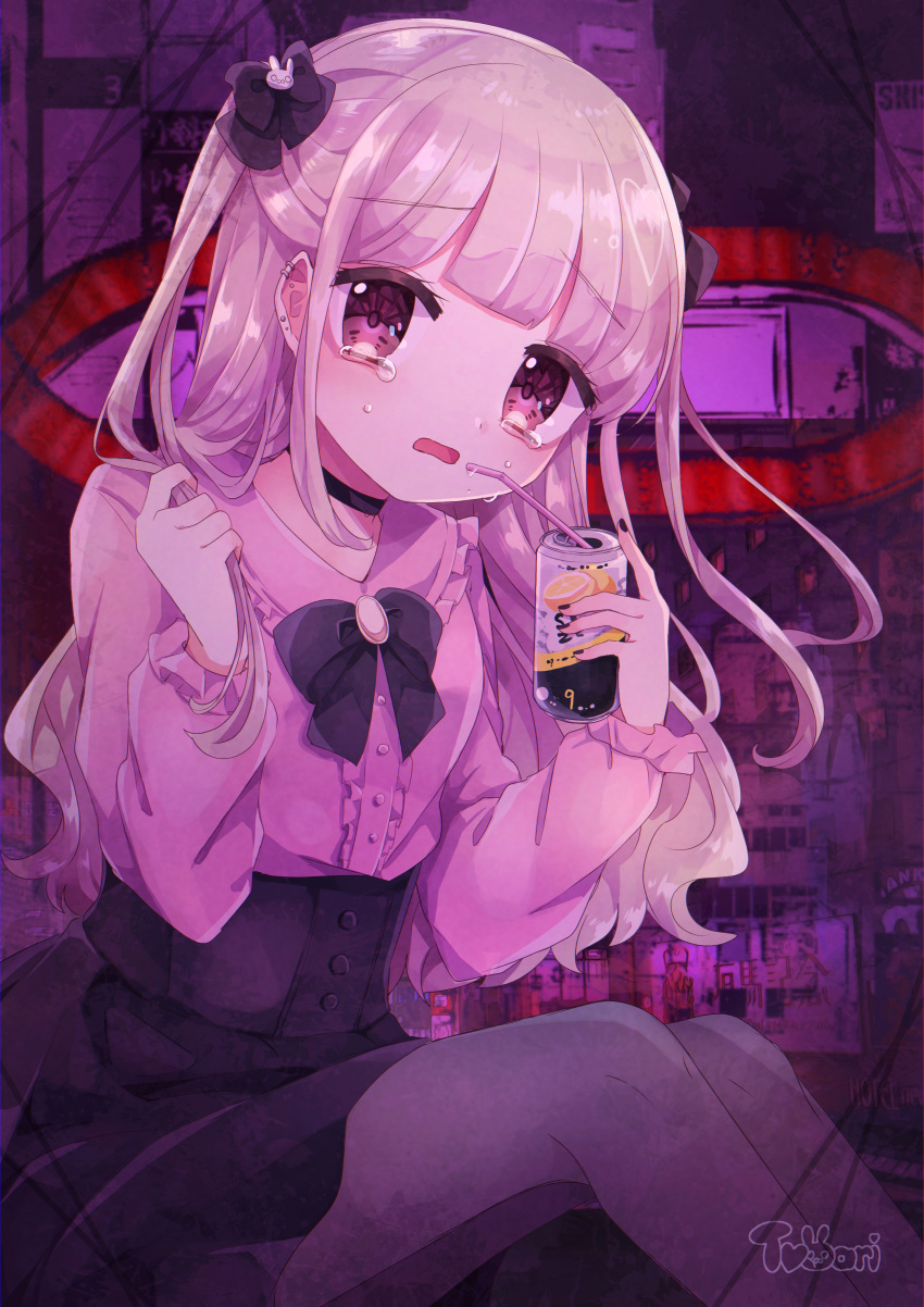 1girl, absurdres, bendy_straw, black_bow, black_choker, black_pantyhose, black_ribbon, black_skirt
