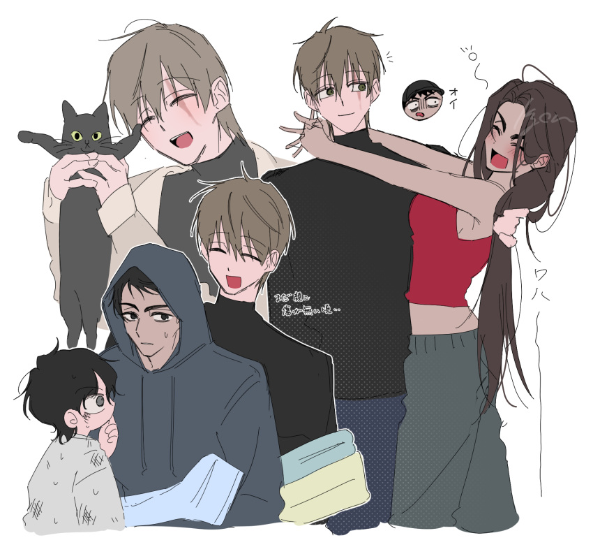 1girl, 3boys, alien_stage, animal, black_eyes, black_hair, black_shirt, blue_pants, brown_hair, camisole, cat, closed_eyes, dewey_(alien_stage), grey_hoodie, grey_pants, highres, holding, holding_animal, holding_cat, hood, hoodie, hyuna_(alien_stage), isaac_(alien_stage), jacob_(alien_stage), kyon_(zmwh8222), long_hair, midriff, multiple_boys, open_mouth, pants, red_camisole, scar, scar_across_eye, shirt, short_hair, signature, smile, translation_request, turtleneck, turtleneck_shirt, very_long_hair