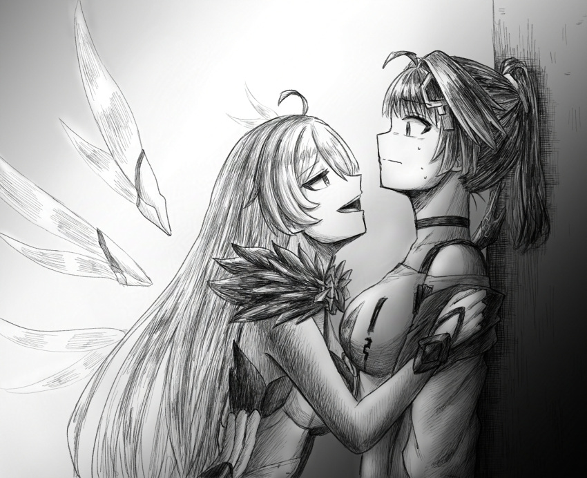 2girls, ahoge, bra_strap, choker, closed_mouth, commentary, fur_trim, gloves