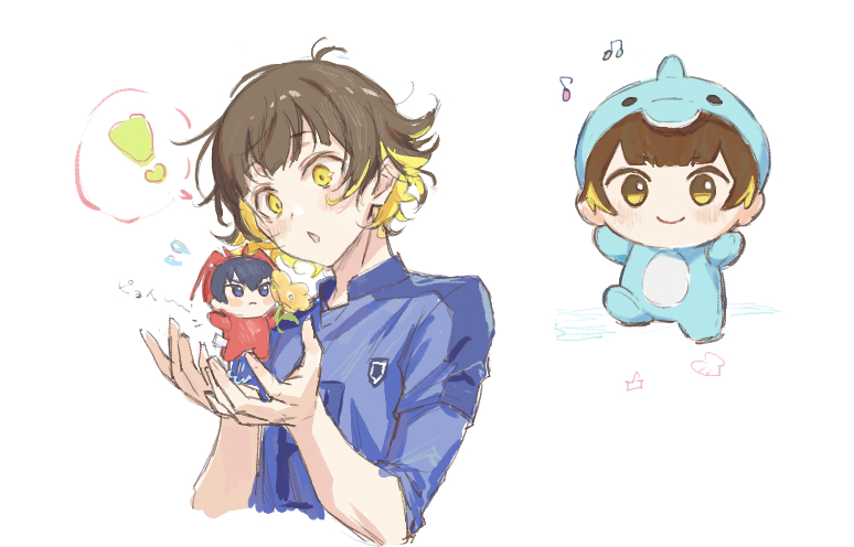 1boy, :o, bachira_meguru, blue_lock, blush, brown_hair, chibi, chibi_inset
