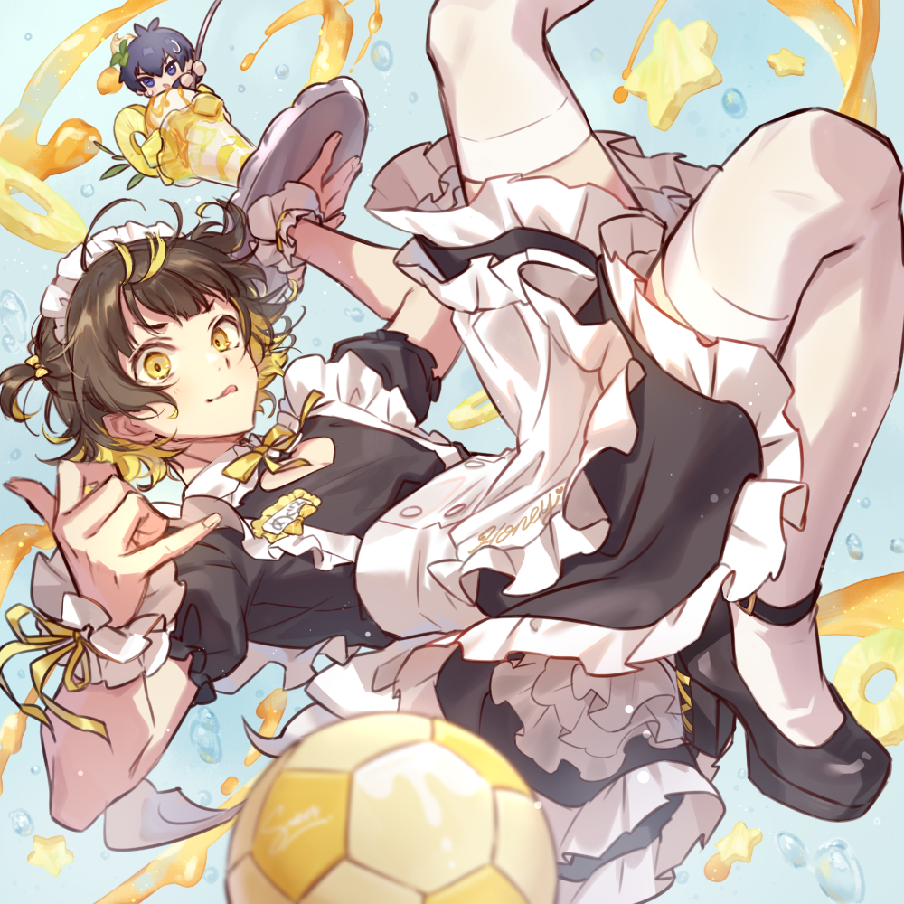 1boy, apron, bachira_meguru, ball, black_dress, black_footwear, blue_lock, brown_hair