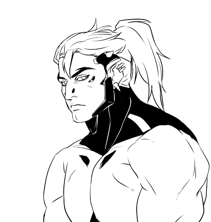 1boy, alternate_hair_length, alternate_hairstyle, closed_mouth, commentary_request, ear_piercing, earrings, facial_mark, forked_eyebrows, frown, gimdukkae6574, hazard_(overwatch), jewelry, korean_commentary, long_hair, looking_to_the_side, male_focus, multiple_earrings, muscular, muscular_male, overwatch, overwatch_2, pectoral_cleavage, pectorals, piercing, ponytail, sideways_glance, simple_background, solo, upper_body, white_background