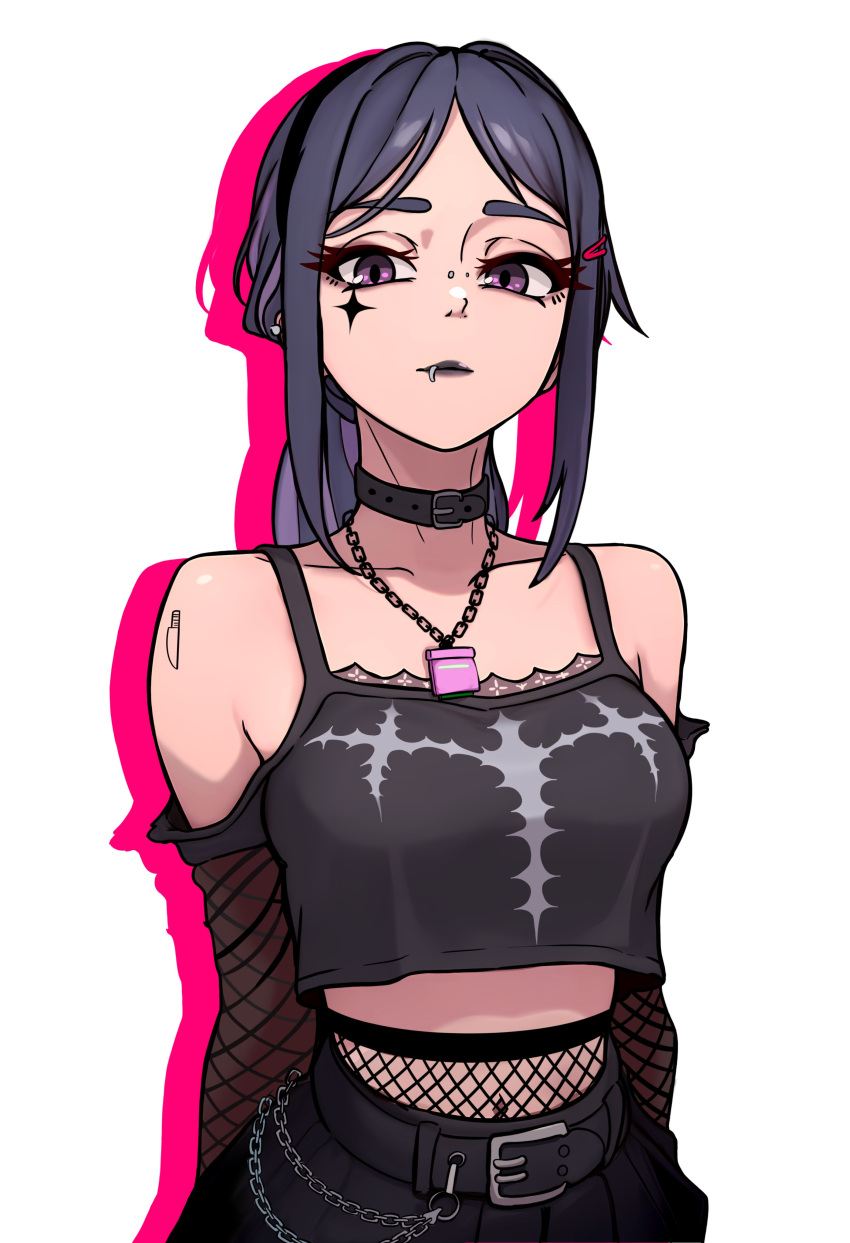 1girl, absurdres, bare_shoulders, belt, black_belt, black_shirt, black_skirt, breasts, closed_mouth, collarbone, crop_top, fishnet_sleeves, fishnets, hair_ornament, hairclip, highres, jewelry, large_breasts, long_hair, miside, mouth_piercing, necklace, parted_bangs, pink_eyes, redpostit, shirt, simple_background, skirt, solo, white_background
