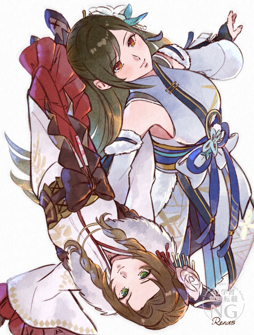 2girls, aerith_gainsborough, aerith_gainsborough_(festive_crimson_attire), bare_shoulders, black_hair, blush, brown_hair, closed_mouth