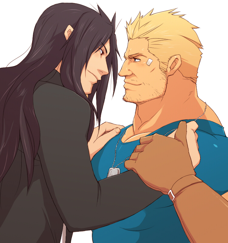 2boys, beard_stubble, black_hair, black_shirt, blonde_hair, blue_shirt, brown_gloves, cid_highwind