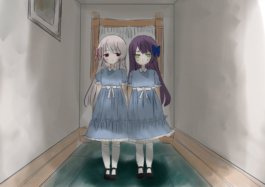 2girls, arms_at_sides, assault_lily, black_footwear, blue_bow, blue_dress, bow, braid