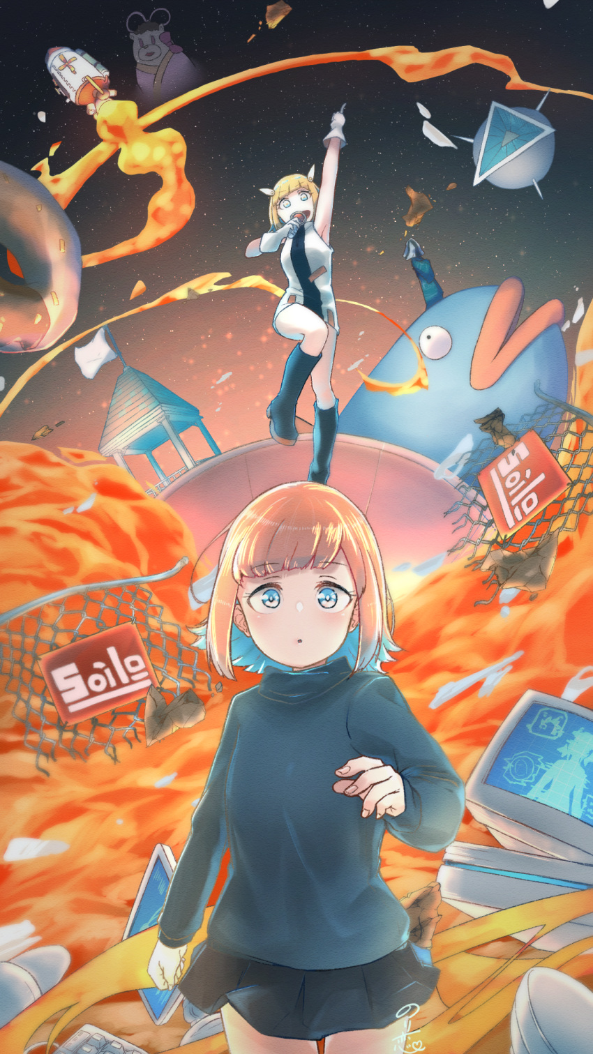 2girls, arm_up, black_footwear, black_shirt, black_skirt, blonde_hair, blue_eyes, blue_hair, boots, byoushin_wo_kamu_(zutomayo), colored_inner_hair, dress, gloves, hand_up, haze_haseru_haterumade_(zutomayo), headgear, highres, holding, holding_microphone, knee_boots, long_sleeves, microphone, monitor, multicolored_hair, multiple_girls, nira-chan, nira-chan_(byoushin_wo_kamu)_(zutomayo), nira-chan_(haze_haseru_haterumade)_(zutomayo), norikoi, open_mouth, orange_hair, rocket, shirt, skirt, sleeveless, sleeveless_dress, white_dress, white_gloves, yellow_eyes, zutto_mayonaka_de_ii_no_ni