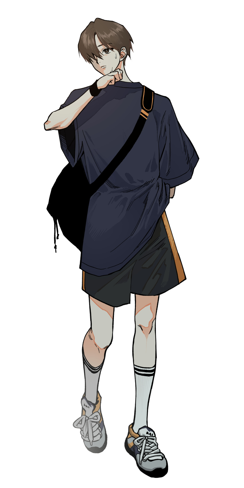 1boy, absurdres, bag_behind_back, black_bag, black_shirt, black_shorts, brown_eyes, brown_hair