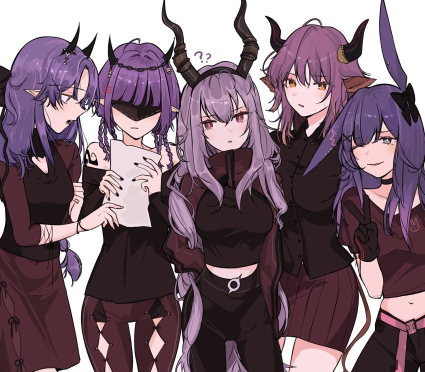 5girls, :o, ?, ??, alternate_costume, angry, animal_ears, arknights