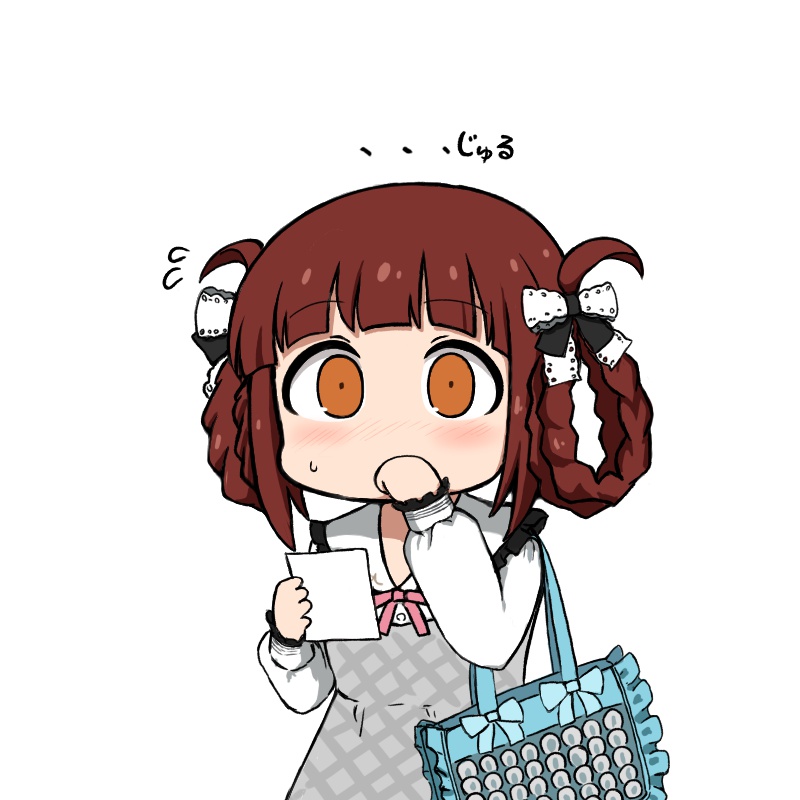 1girl, bag, blue_bag, blush, braid, braided_hair_rings, breasts, brown_eyes