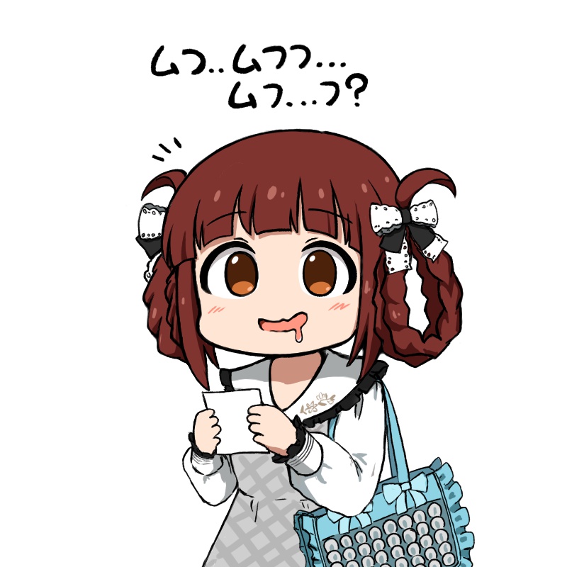 1girl, bag, blue_bag, blunt_bangs, braid, braided_hair_rings, brown_eyes, brown_hair