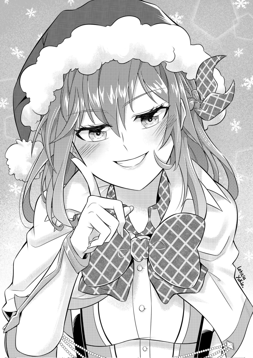 1girl, asagiri_ririko, bad_source, braid, ecstas_online, greyscale, hat, highres, monochrome, ribbon, santa_hat, smile
