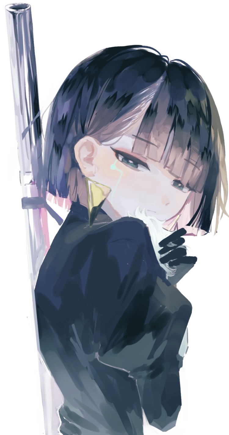 1girl, android, aqua_eyes, black_hair, black_shirt, closed_mouth, colored_inner_hair, earrings