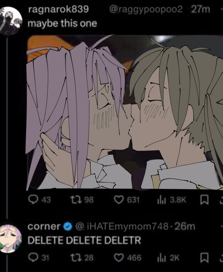 1girl, 1other, blonde_hair, closed_eyes, crona_(soul_eater), english_text, from_side, hand_in_another's_hair, highres, kaligraphy, kiss, maka_albarn, meme, other_with_female, pink_hair, ragnarok_(demon_sword), short_twintails, soul_eater, twintails, twitter