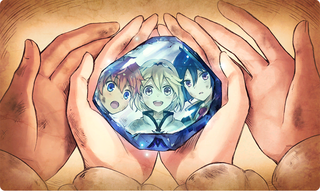 1girl, 2boys, :d, agatha_(ta_ga_tame_no_alchemist), aged_down, blonde_hair, blue_eyes, commentary