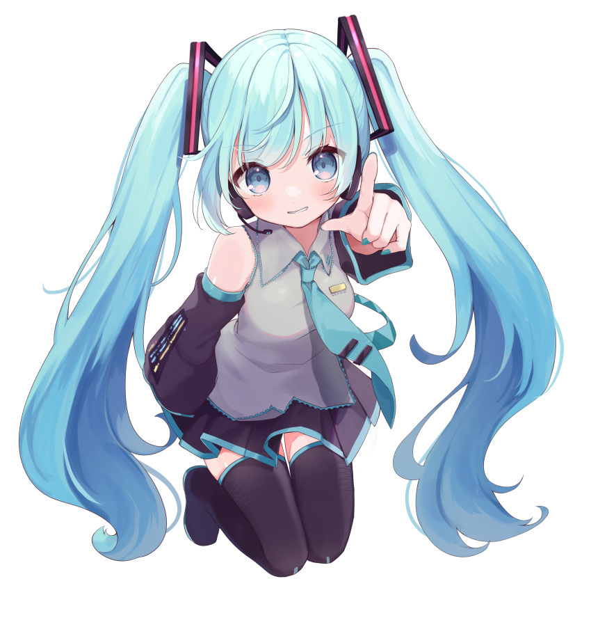 1girl, absurdres, aqua_hair, aqua_nails, aqua_necktie, black_footwear, black_sleeves, blue_eyes