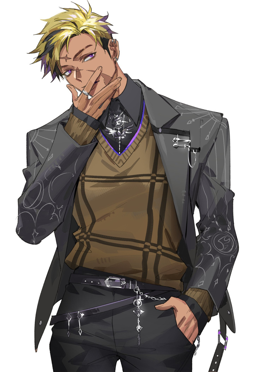 1boy, belt, belt_buckle, black_belt, black_hair, black_pants, black_shirt, blonde_hair, brown_sweater, buckle, closed_mouth, collared_shirt, commentary, cowboy_shot, dark-skinned_male, dark_skin, english_commentary, eyebrow_cut, grey_jacket, hand_in_pocket, hand_up, head_tilt, highres, jacket, jewelry, kaohom503, lapels, long_sleeves, looking_at_viewer, male_focus, multicolored_hair, nijisanji, nijisanji_en, open_clothes, open_jacket, pants, parted_bangs, purple_hair, ring, scar, scar_on_cheek, scar_on_face, scar_on_forehead, shirt, short_hair, simple_background, sleeves_past_wrists, solo, standing, streaked_hair, sweater, undercut, vantacrow_bringer, violet_eyes, virtual_youtuber, white_background, wing_collar