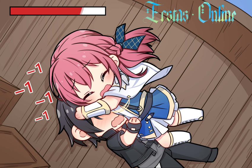 1boy, 1girl, arm_armor, asagiri_ririko, bad_source, black_eyes, black_hair, blue_eyes