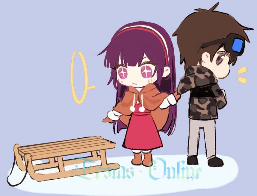 1boy, 1girl, bad_source, doumeguri_kakeru, ecstas_online, shizukuishi_non, violet_eyes, winter, winter_clothes