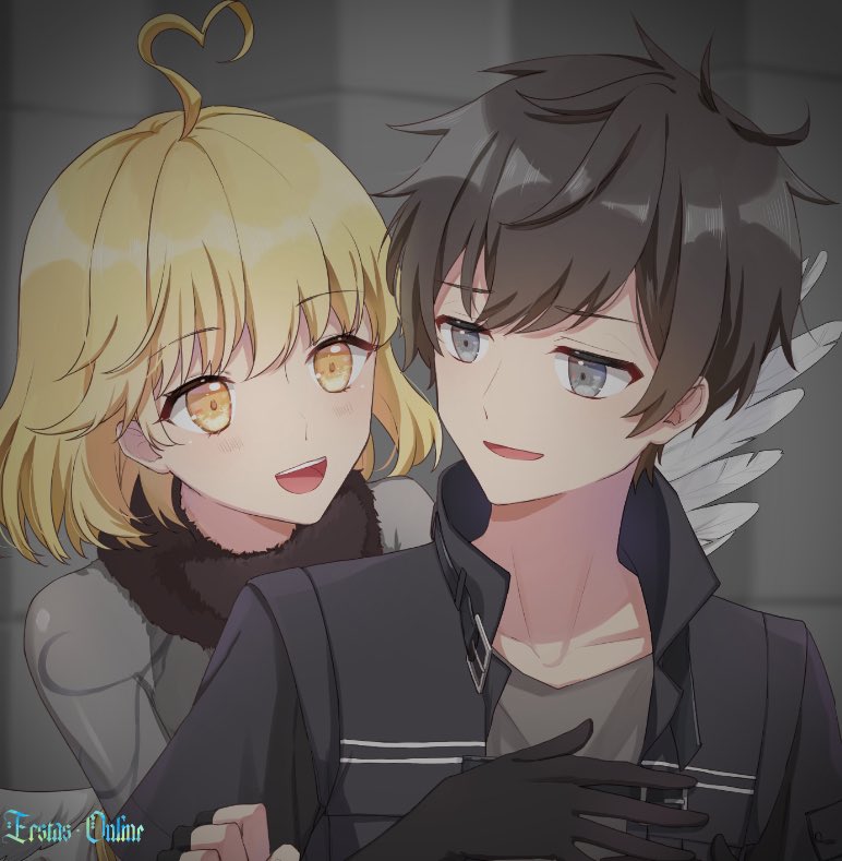 1boy, 1girl, ahoge, bad_source, black_eyes, black_hair, blonde_hair, doumeguri_kakeru