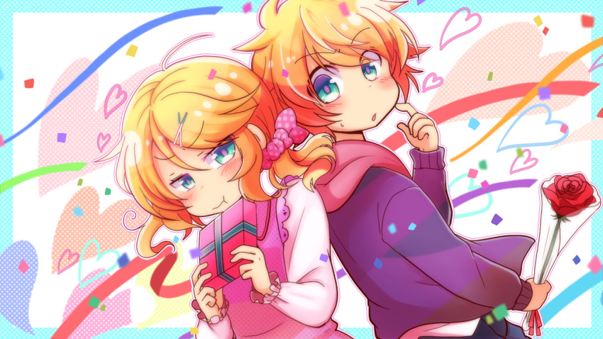 1boy, 1girl, black_jacket, blonde_hair, blue_eyes, blush, box, chocolate_box_(vocaloid), confetti, flower, frilled_shirt, frilled_sleeves, frills, gift, gift_box, hair_ornament, hair_scrunchie, hairclip, heart, holding, holding_flower, holding_gift, hood, hoodie, jacket, kagamine_len, kagamine_rin, looking_at_another, low_side_ponytail, parted_lips, pina710, pink_scrunchie, pink_shirt, polka_dot, polka_dot_scrunchie, pout, red_flower, red_hoodie, red_rose, rose, scratching_cheek, scrunchie, shirt, short_hair, streamers, sweatdrop, vocaloid, white_sleeves