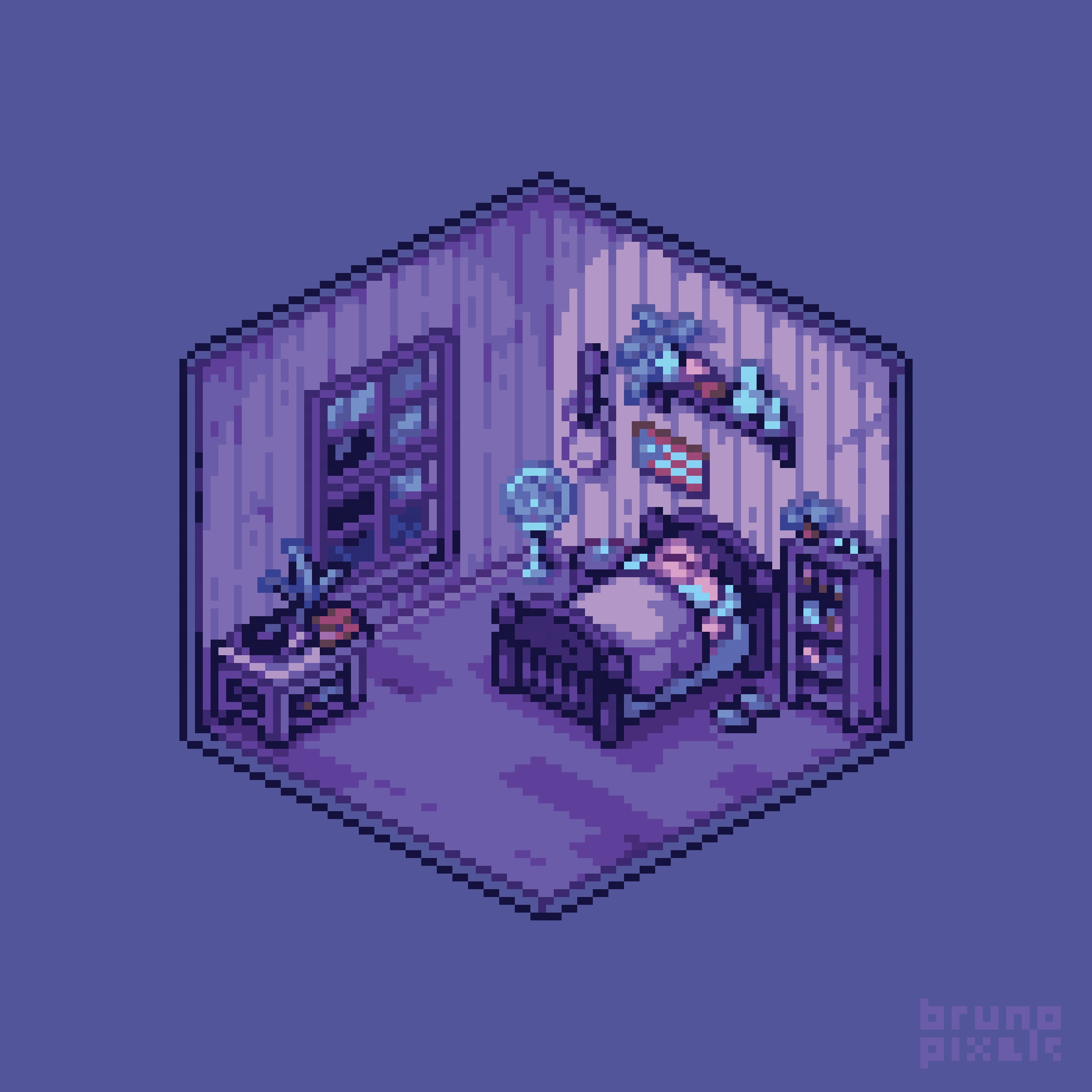 artist_name, bed, bruno_pixels, flag, guitar, highres, indoors, instrument, isometric, night, no_humans, original, pixel_art, plant, shelf, simple_background, table, variant_set, window, wooden_floor, wooden_table, wooden_wall
