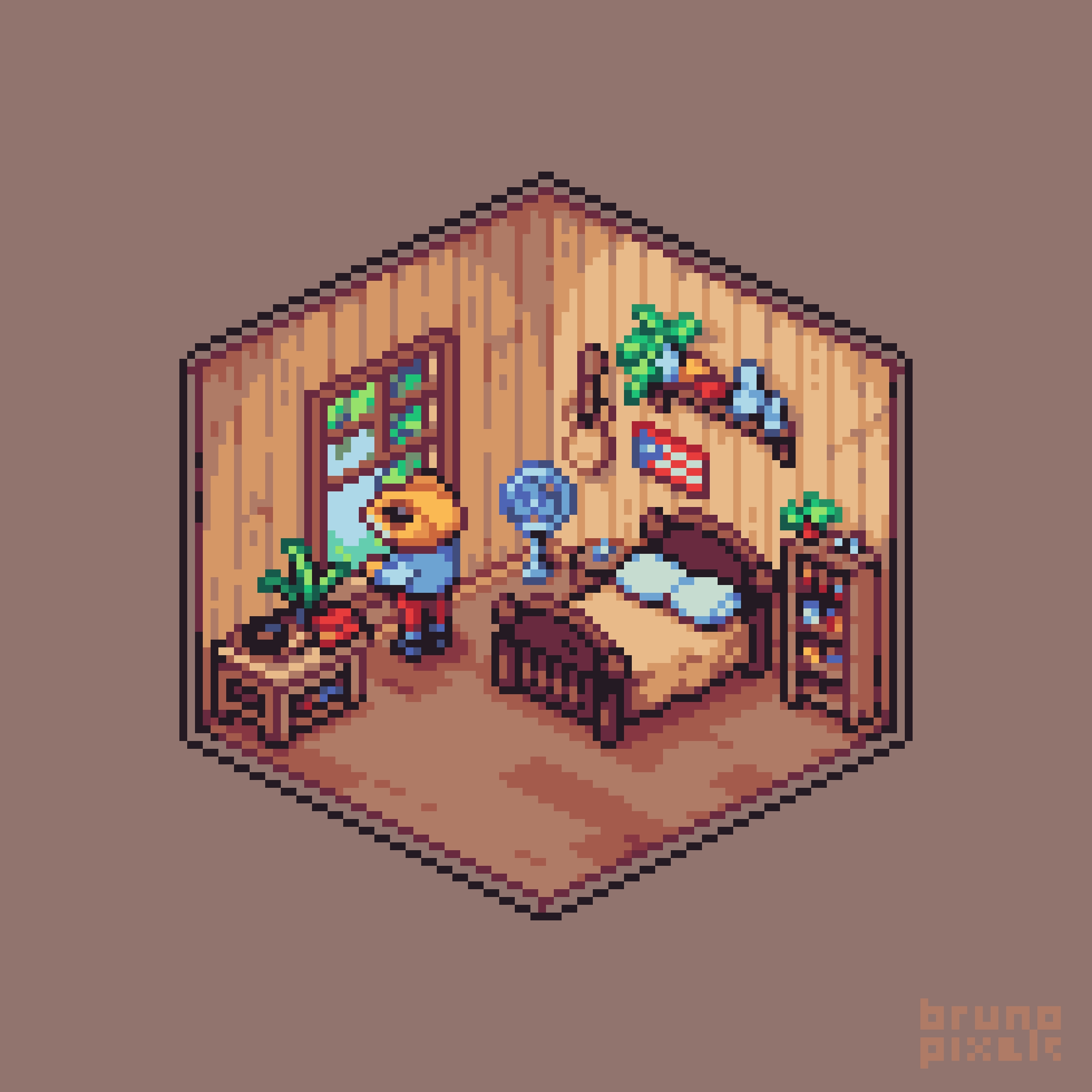 artist_name, bed, bruno_pixels, day, flag, frog, guitar, highres, indoors, instrument, isometric, no_humans, original, pants, pixel_art, plant, red_pants, shelf, simple_background, sweater, table, variant_set, very_wide_shot, window, wooden_floor, wooden_table, wooden_wall