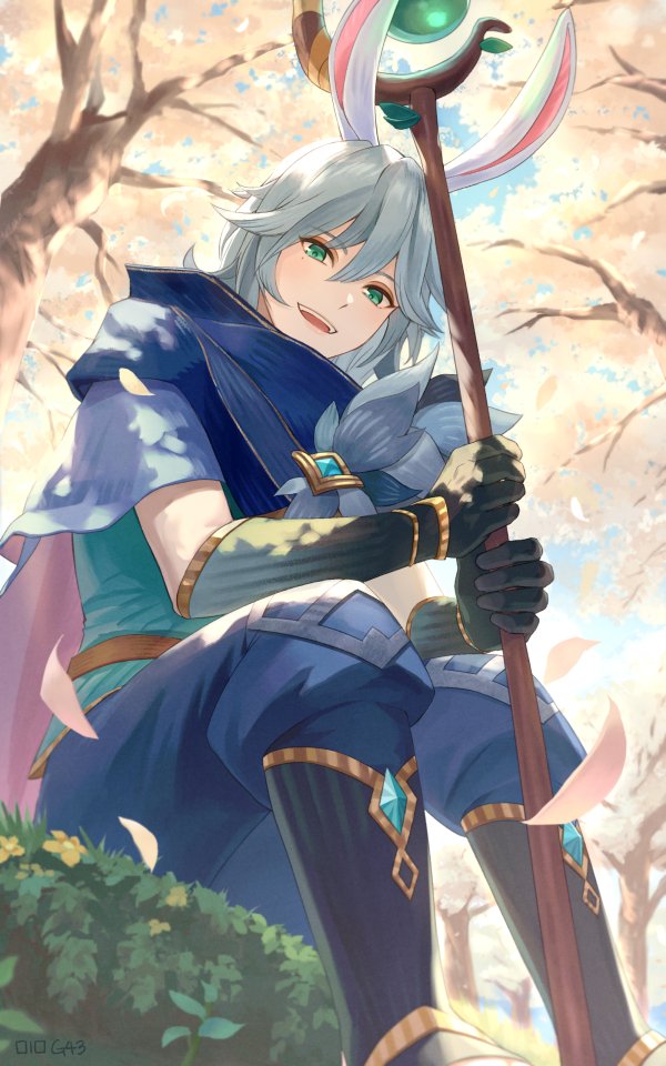 1boy, :d, afk_(series), afk_journey, animal_ears, aqua_shirt, black_gloves, blue_cape