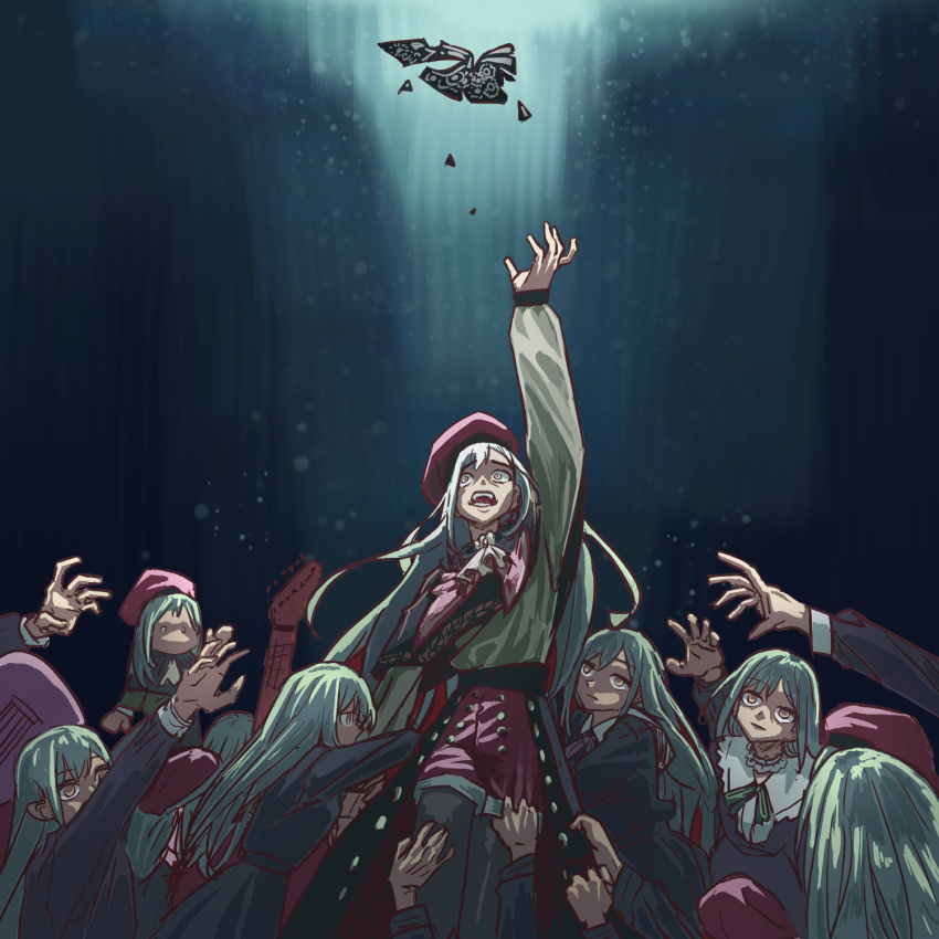 6+girls, anjuro_zeeku, arm_up, ascot, bang_dream!, bang_dream!_it's_mygo!!!!!, beret, black_pantyhose