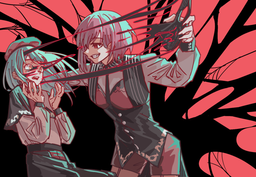 2girls, amoris_(bang_dream!), anjuro_zeeku, bang_dream!, bang_dream!_it's_mygo!!!!!, beret, black_capelet, black_mask