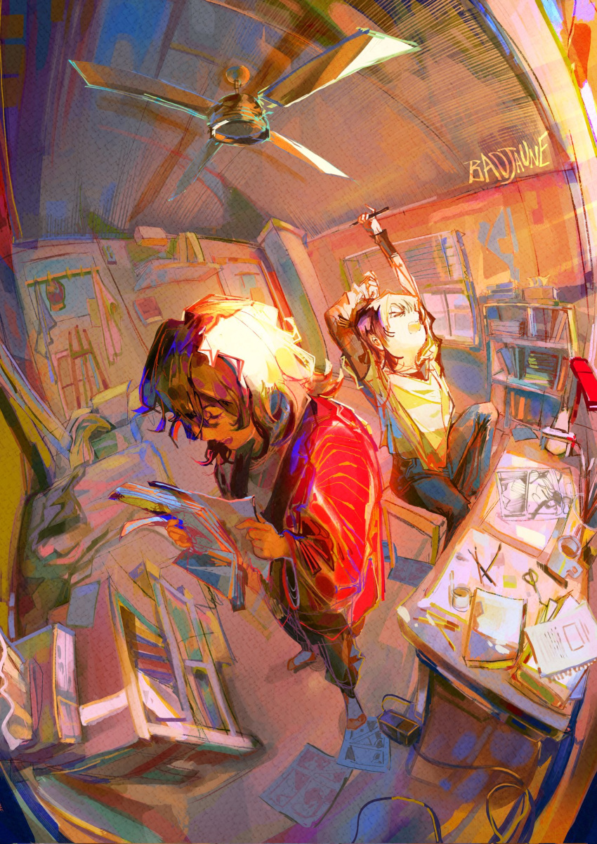 2girls, artist_name, badjuane, black_hair, ceiling_fan, english_commentary, fujino_(look_back), haori, highres, japanese_clothes, kyomoto_(look_back), look_back, multiple_girls, on_chair, open_mouth, paper, red_haori, scissors, shelf, short_hair, sitting