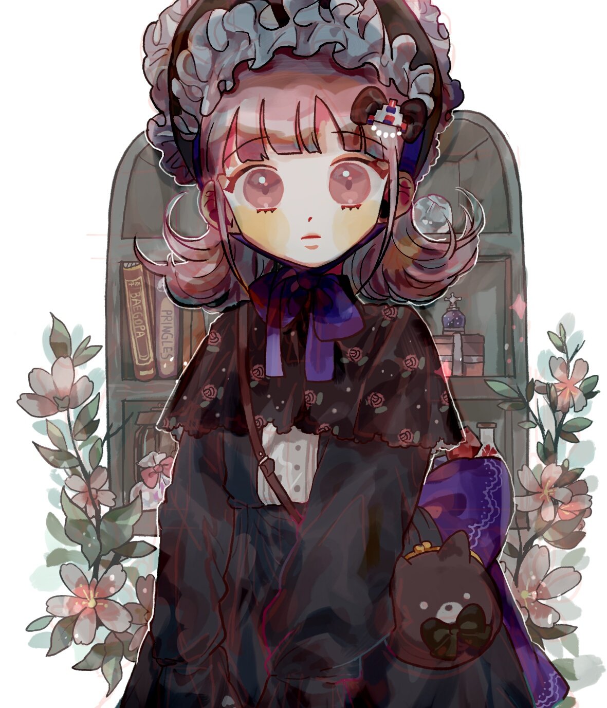 1girl, alternate_costume, bad_id, bad_source, bad_twitter_id, black_dress, blue_ribbon, blunt_bangs, bonnet, book, bookshelf, closed_mouth, danganronpa_(series), danganronpa_2:_goodbye_despair, dress, flipped_hair, floral_background, floral_print, g0m_0, galaga, gothic_lolita, highres, lolita_fashion, long_sleeves, looking_at_viewer, medium_hair, nanami_chiaki, neck_ribbon, pink_eyes, pink_hair, plant, pouch, ribbon, solo, upper_body, white_background