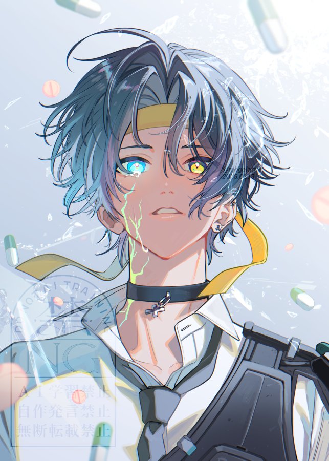 1boy, ahoge, artist_name, asaba_harumasa, black_choker, black_hair, black_necktie, blue_eyes