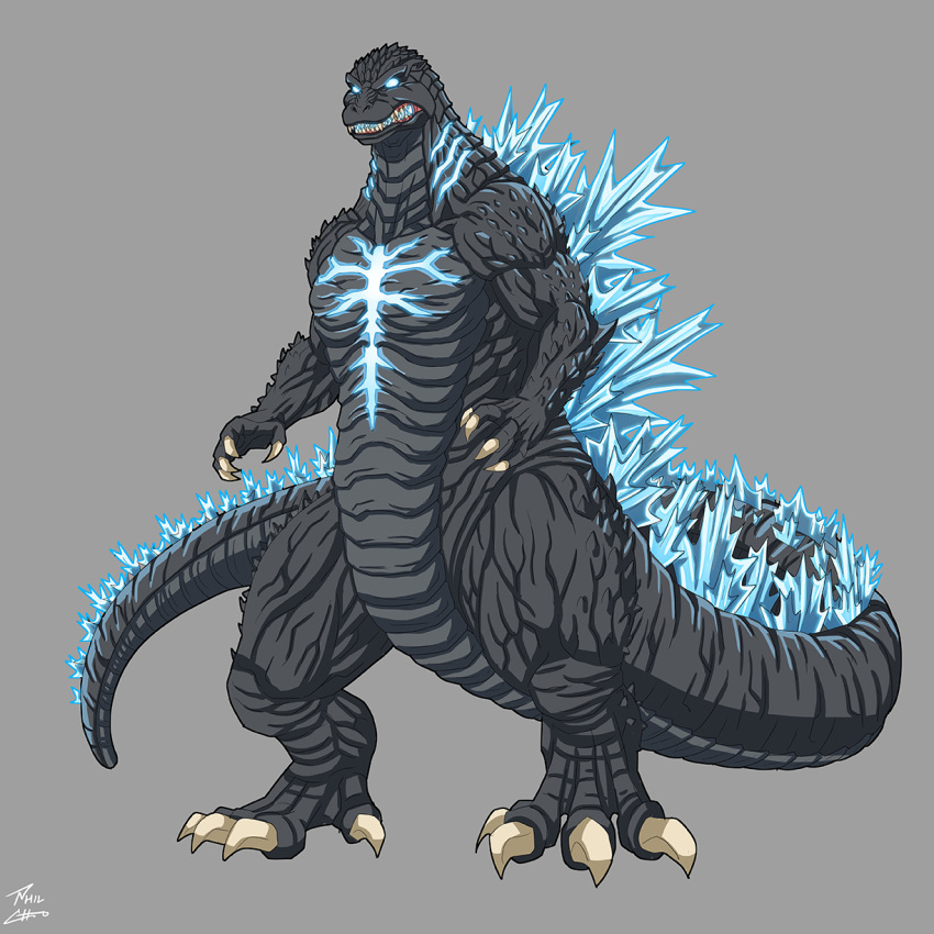bioluminescence, claws, clenched_teeth, elbow_spikes, fangs, full_body, giant, giant_monster