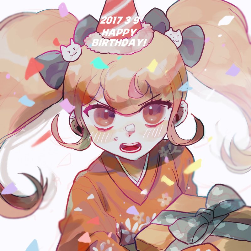 1girl, bad_id, bad_twitter_id, birthday, blonde_hair, blush, bow, box