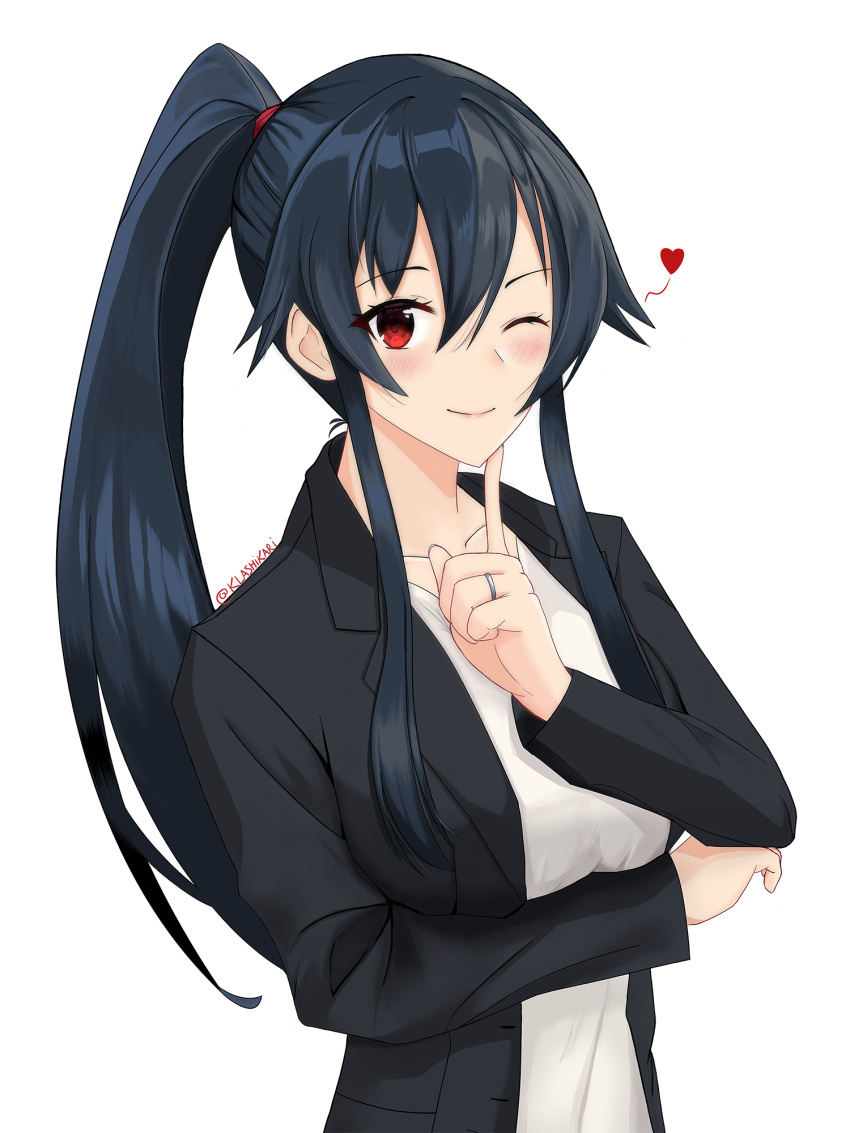 1girl, arm_under_breasts, black_hair, black_jacket, blazer, breasts, commentary_request, heart