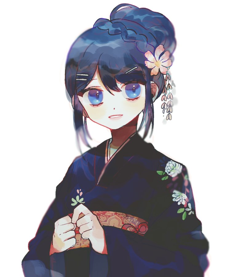 1girl, alternate_costume, alternate_hairstyle, bad_source, blue_eyes, blue_hair, blue_kimono, braid