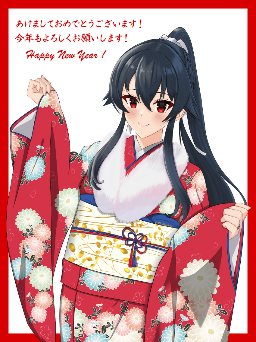 1girl, absurdres, akeome, alternate_costume, black_hair, border, commentary_request, cowboy_shot