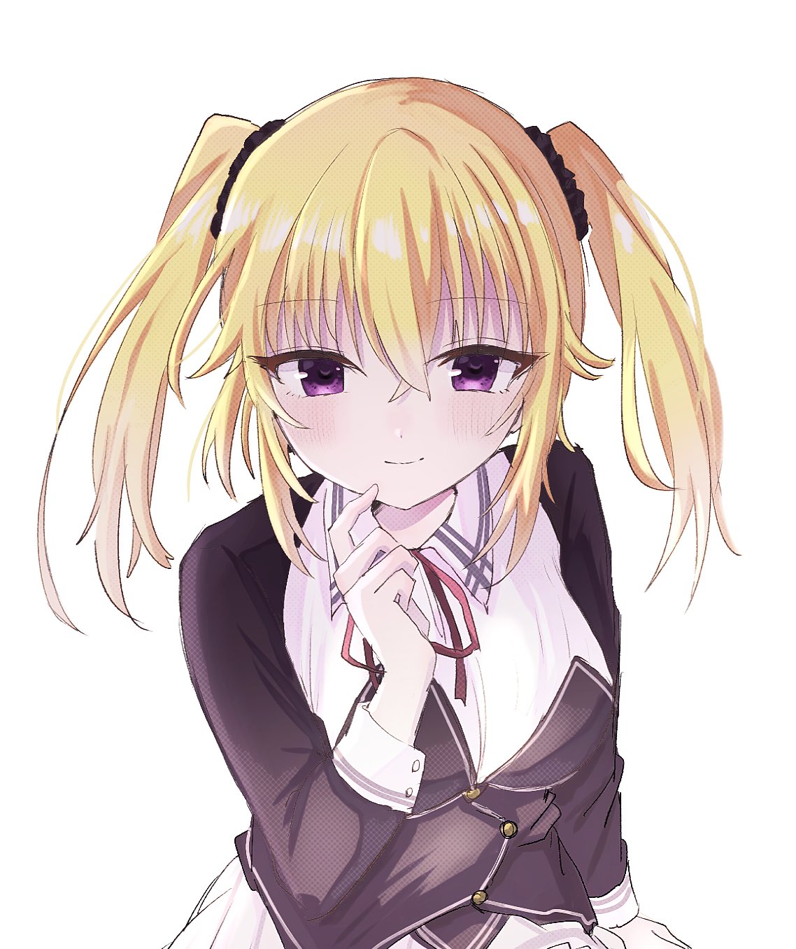 1girl, arm_at_side, black_scrunchie, black_shirt, blonde_hair, blush, breasts, buttons