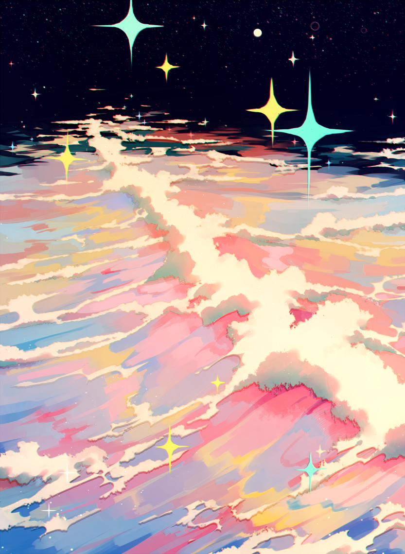black_background, black_sky, chromatic_aberration, colorful, english_commentary, foaming_waves, jauni_(tofublock), landscape