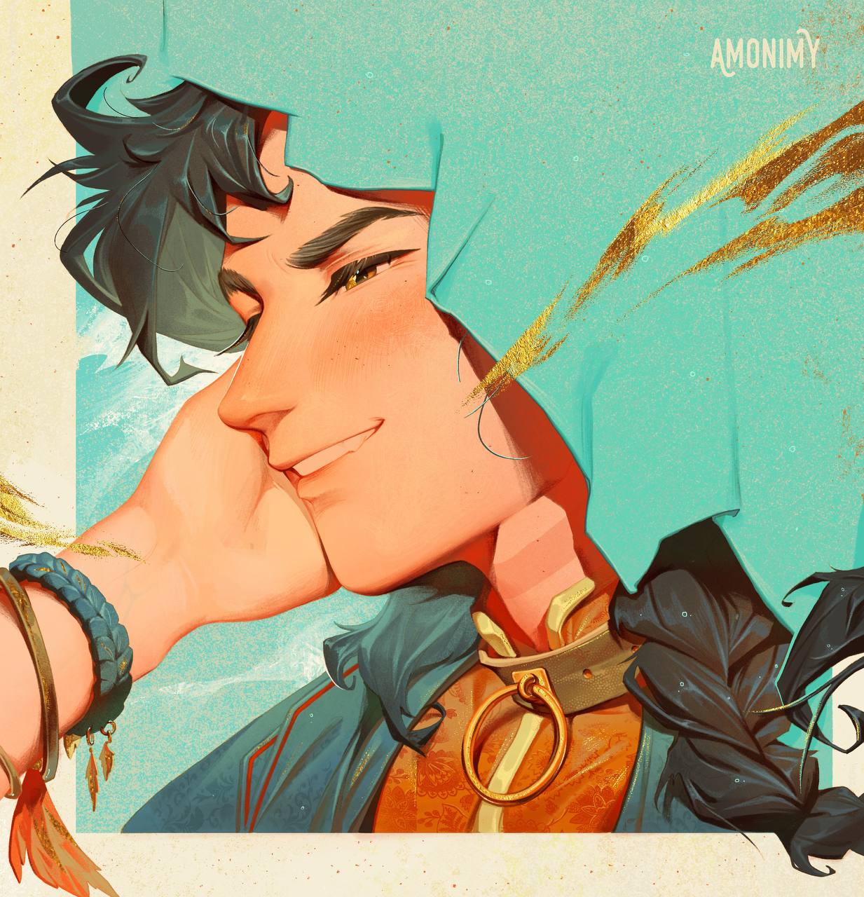 1boy, amonimy, aqua_background, aqua_hair, aqua_robe, aqua_veil, artist_name, black_hair