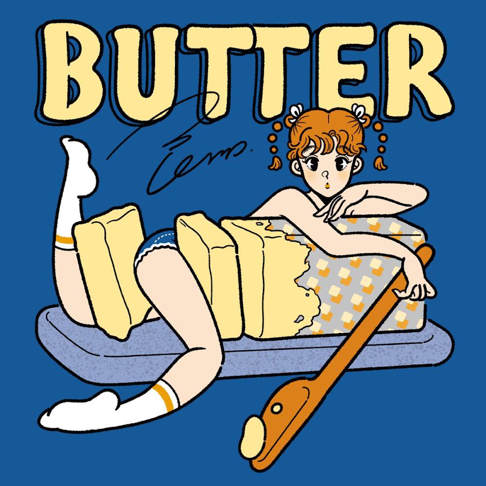 1girl, 3kaku_illust, bare_arms, bare_shoulders, black_eyes, blue_background, bow, butter