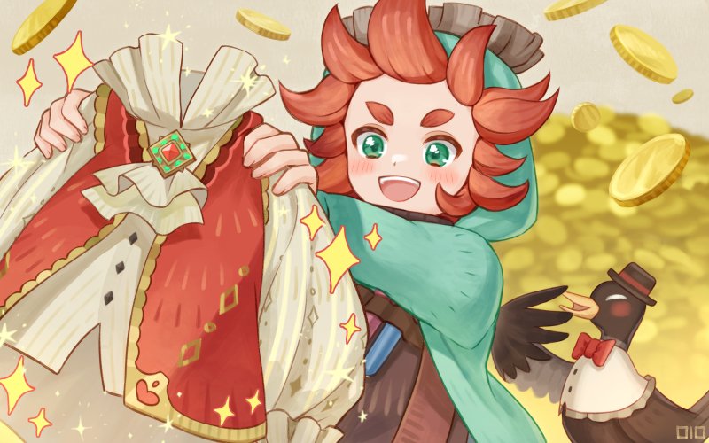 1boy, :d, ^_^, afk_(series), afk_journey, aqua_jacket, ascot, bird