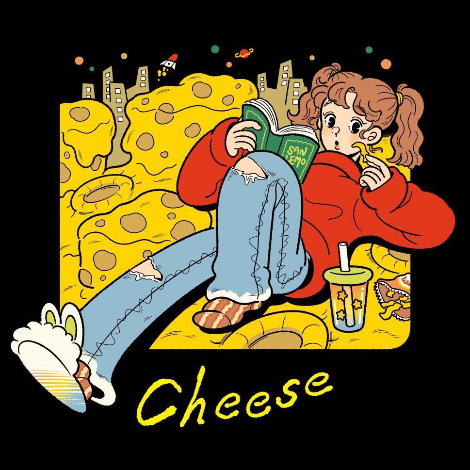 1girl, 3kaku_illust, black_background, book, brown_hair, cheese, chips_(food), commentary, cup, denim, disposable_cup, food, full_body, holding, holding_book, jeans, long_sleeves, lying, on_back, open_mouth, original, pants, potato_chips, red_sweater, rocket, short_twintails, simple_background, slippers, socks, space, sweater, symbol-only_commentary, torn_clothes, torn_pants, twintails, white_footwear