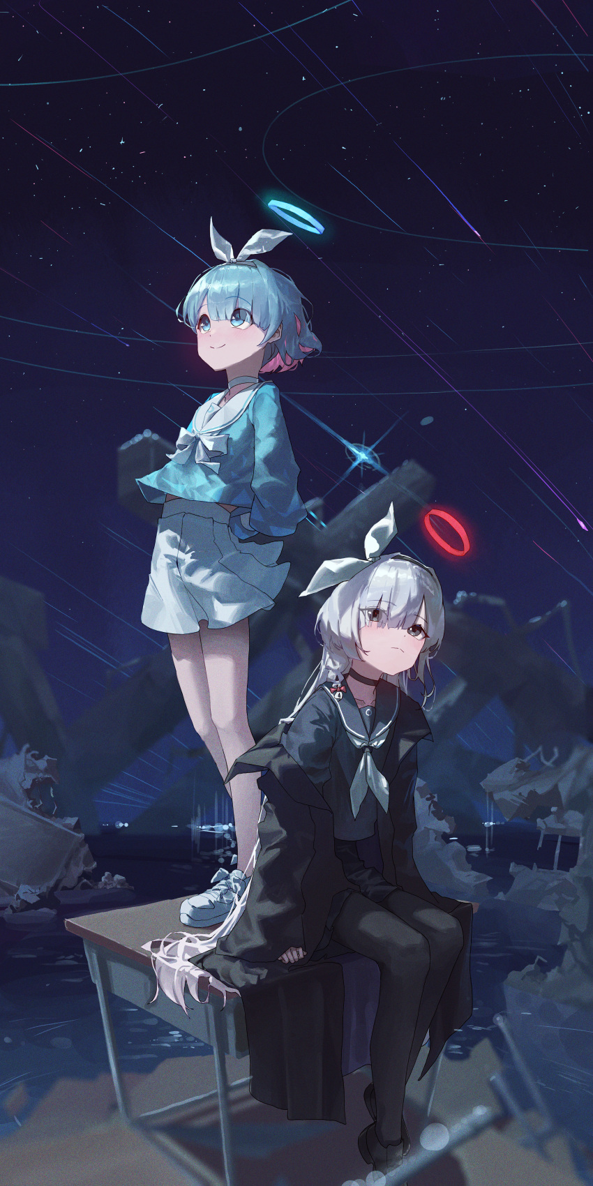 2girls, absurdres, arms_behind_back, arona_(blue_archive), black_coat, black_eyes, black_pantyhose, blue_archive