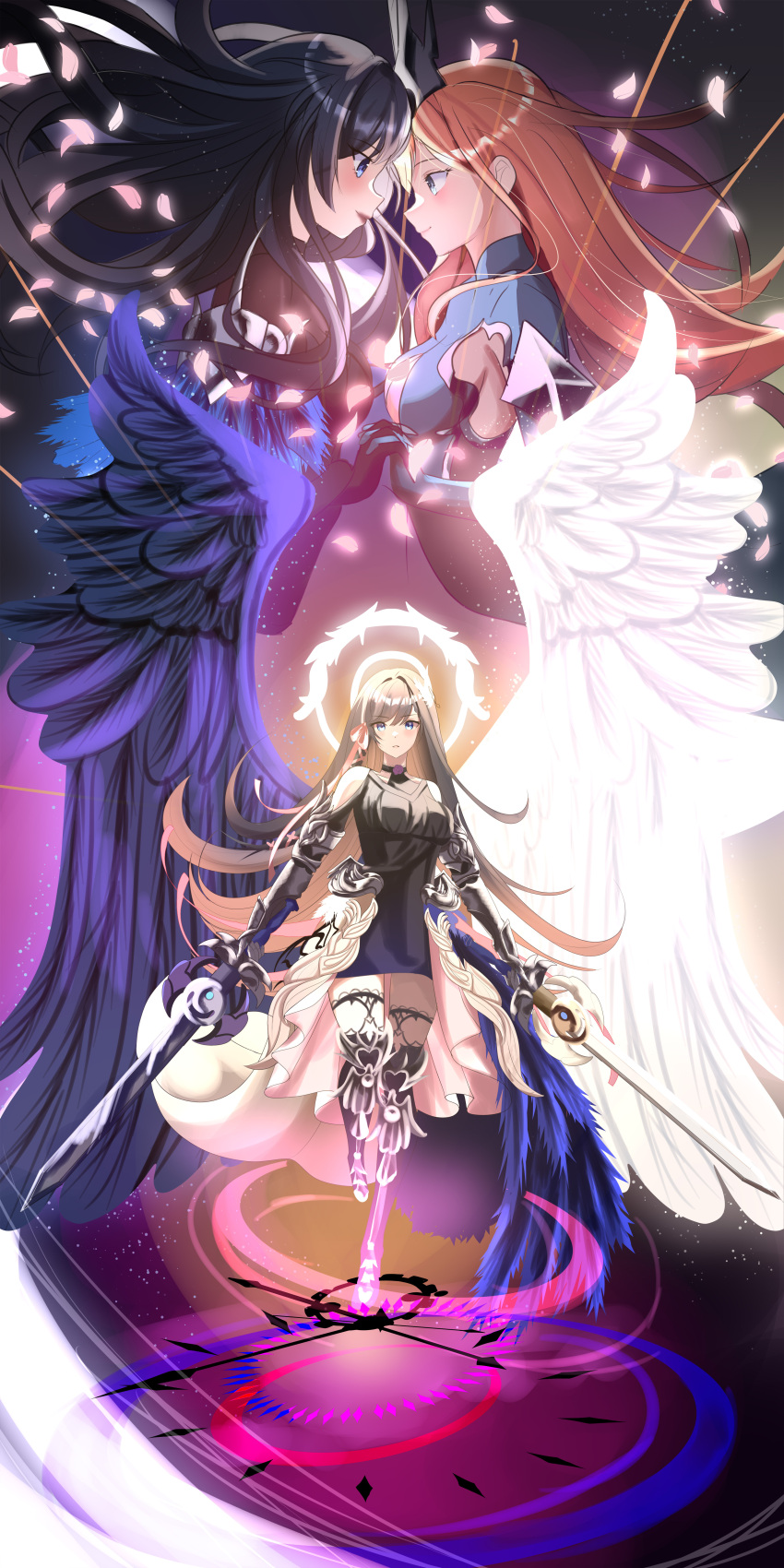 3girls, absurdres, asymmetrical_wings, black_dress, black_feathers, black_hair, brown_hair, cherry_blossoms, dress, dual_wielding, feathered_wings, feathers, final_fantasy, final_fantasy_xiv, gaia_(ff14), glowing, halo, highres, holding, holding_hands, holding_sword, holding_weapon, interlocked_fingers, long_hair, looking_at_viewer, mmomentliveart, multicolored_hair, multiple_girls, pandora_(ff14), ryne_waters, sword, very_long_hair, weapon, white_feathers, wings