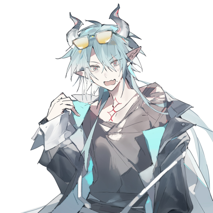 1boy, absurdres, aqua_hair, arknights, black_eyes, black_horns, black_jacket, black_shirt